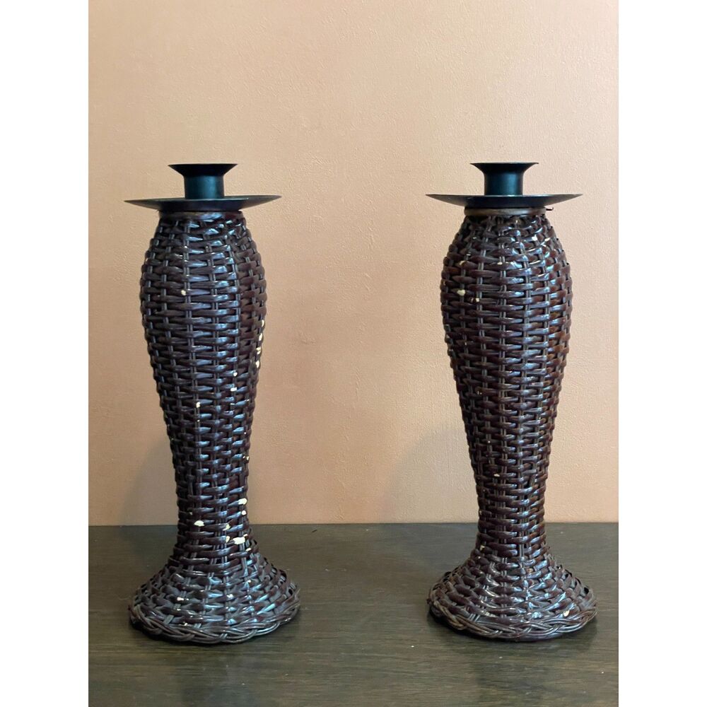 Vintage Woven Rattan Candle Holders Pair 10” Tall Boho Taper Candlesticks